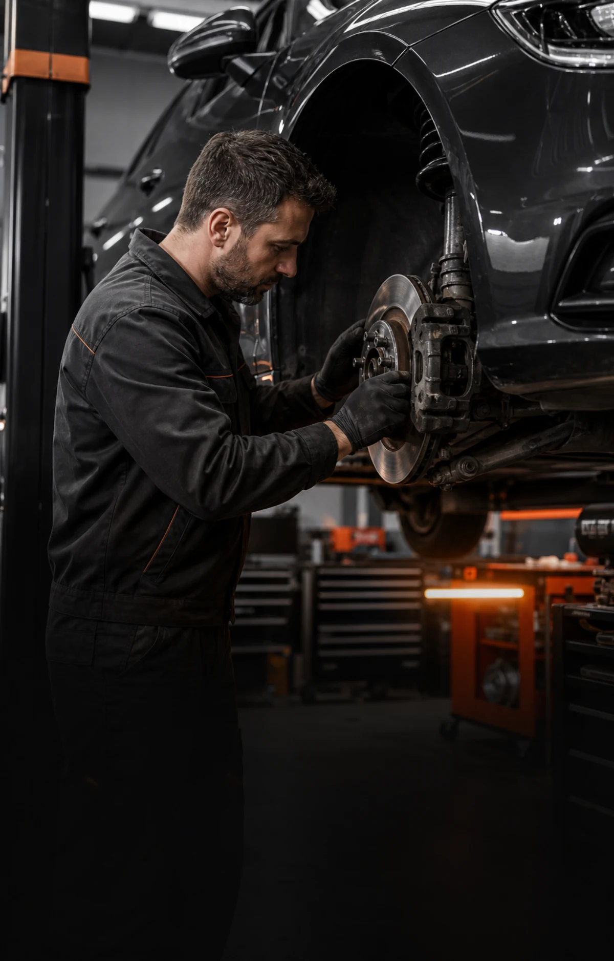 Mecanic GAVI TRANS verificând sistemul de frânare într-un service auto modern